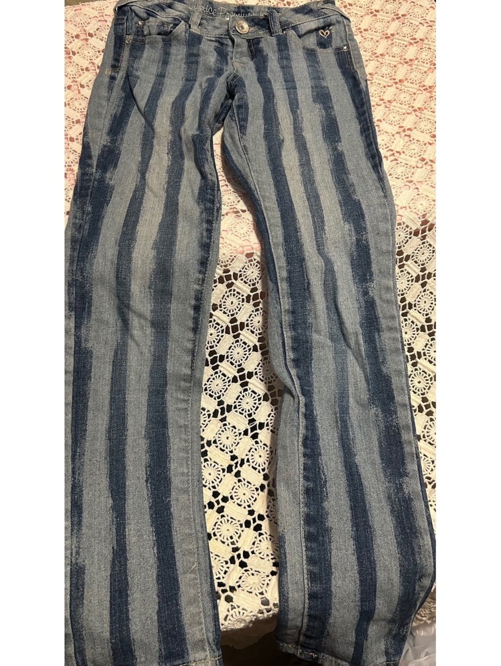 Justice Premium Girls Size 10S Blue Striped Denim Jeans – Trendy Distressed Look